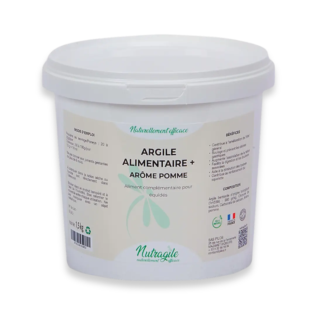 Argile alimentaire + arôme pomme, bien être et confort digestif du cheval