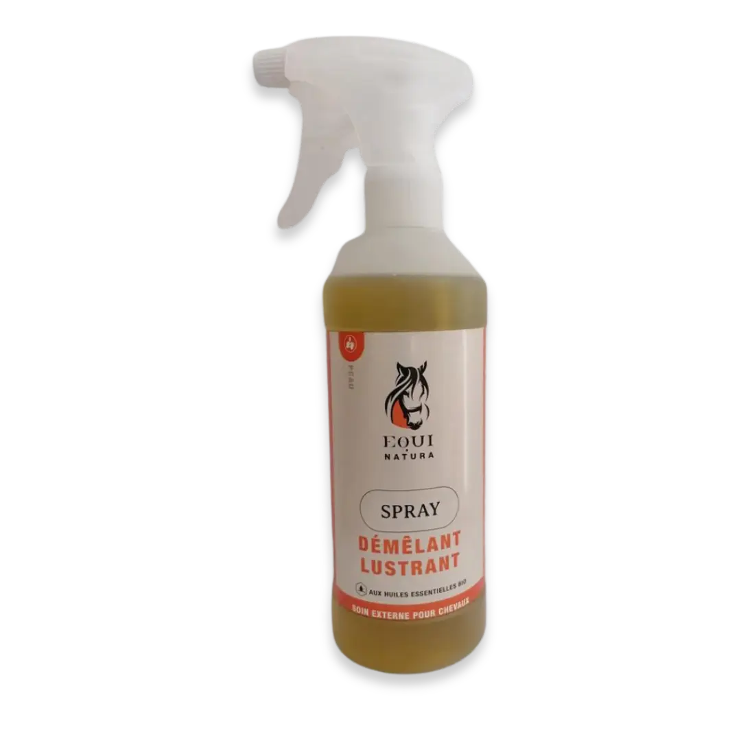 Spray Démêlant Lustrant démêle, lustre, nourrit et fortifie les crins du cheval Formule naturelle à base d'huiles végétales et d'huiles essentielles bio, aux propriétés assouplissantes, émollientes, fortifiantes, hydrantes, nourrissantes, régénératrices.