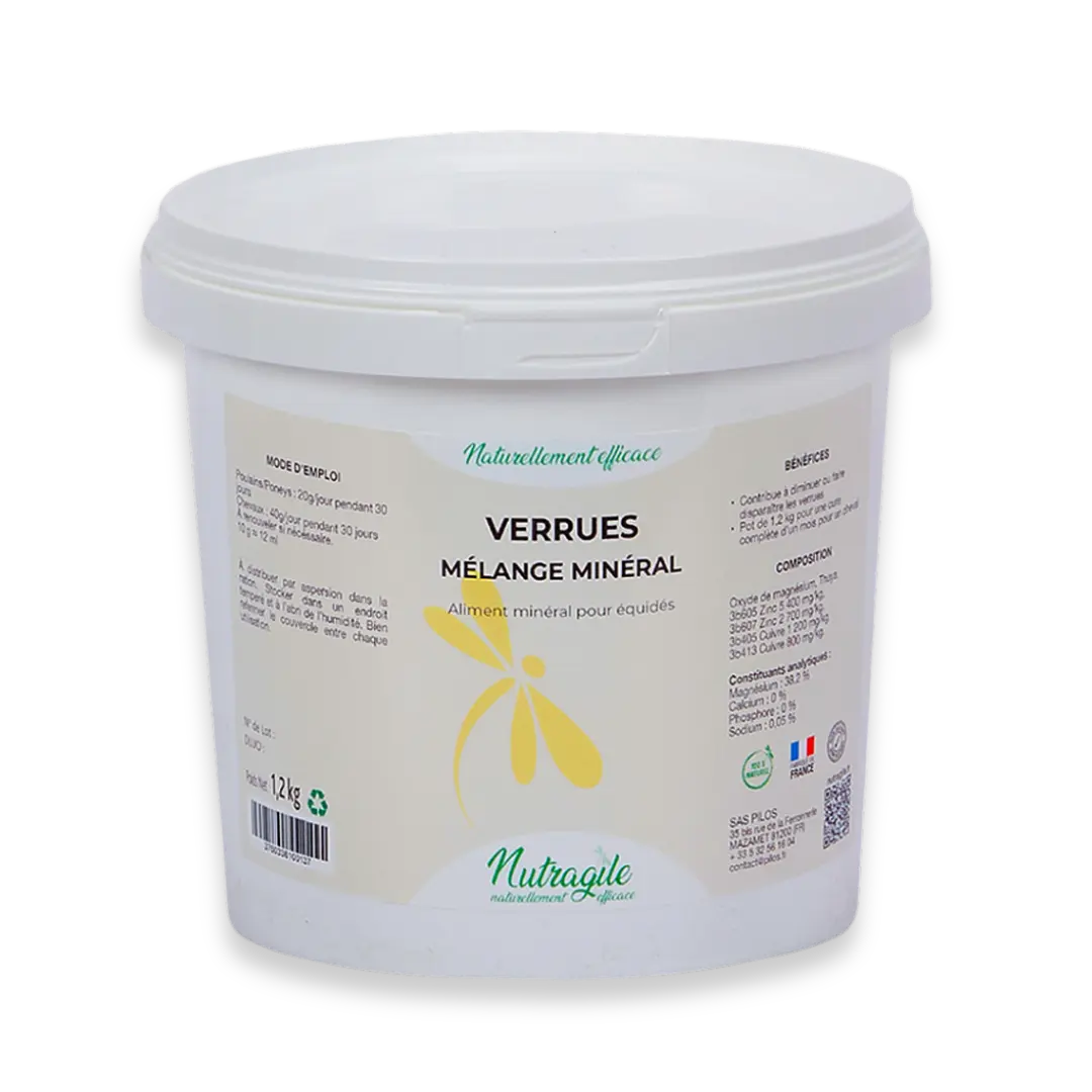 Verrues contribue à diminuer ou faire disparaitre les verrues du cheval.  Complément alimentaire à base de plantes et enrichis en minéraux, aux propriétés anti-inflammatoires, anti-infectieuses, antitumorales, antivirales assainissantes, diurétiques, protectrices et réparatrices.  Recommandé en cas de verrues ou sarcoïdes. 