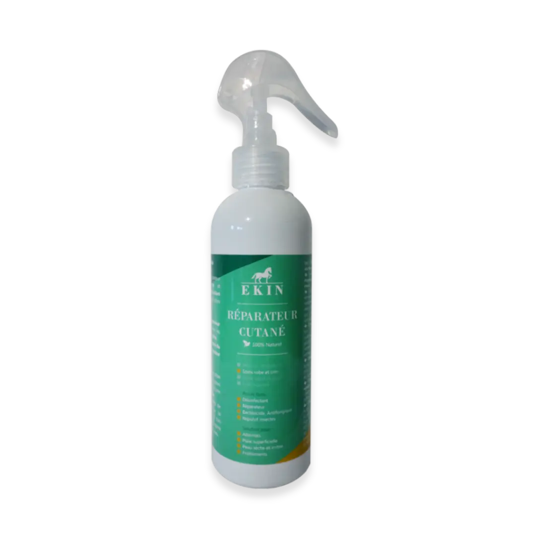 Le Spray réparateur cutané répare la peau du cheval en cas de plaie peu profonde, irritations ou frottements. Formule naturelle à base d'huile végétales, aux propriétés antibactériennes, antifongiques, anti-infectieuses, antivirales, assainissantes, nourrissantes et réparatrices.